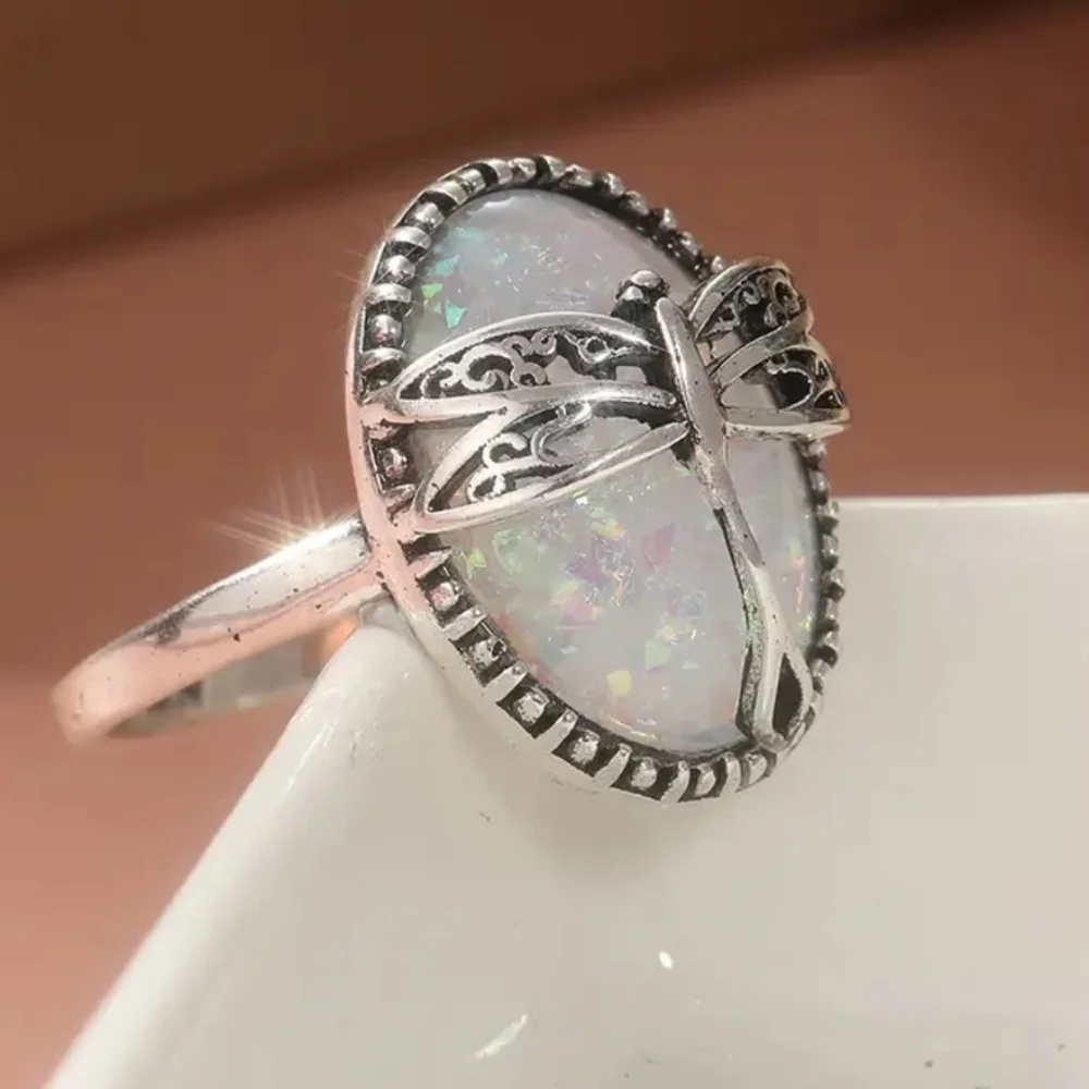 Vintage Elegant Silver Dragonfly Opal Ring Sz 8